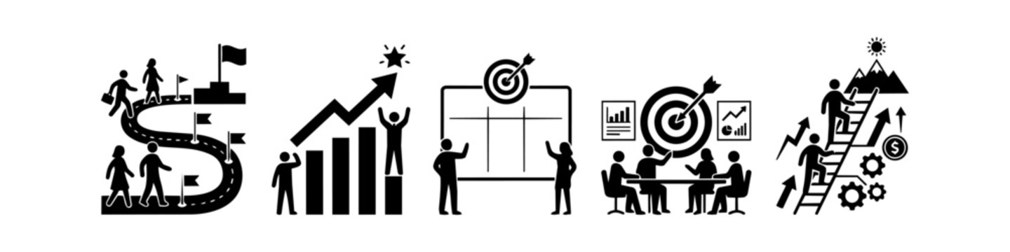 A set of black and white business strategy icons representing growth, teamwork, planning, and achieving goals through roadmaps, charts, and meetings.