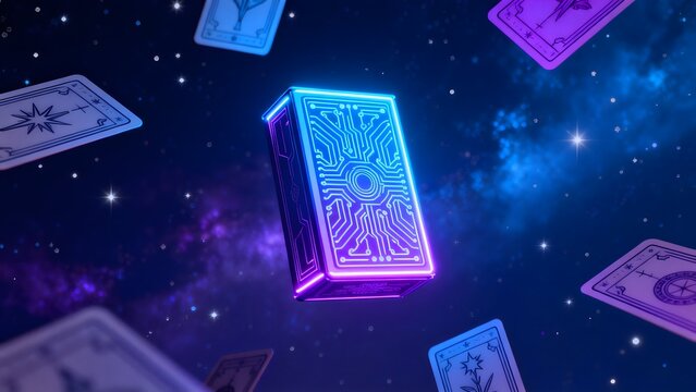 Glowing circuit box and cards in space