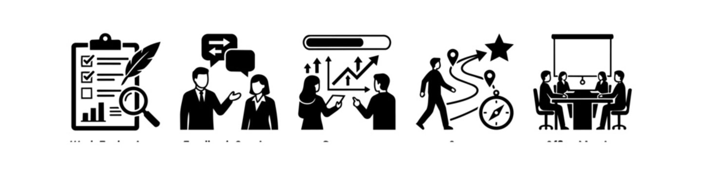 Professional black and white icon set illustrating business workflow, task management, communication, data analysis, strategic planning, and collaborative office teamwork.