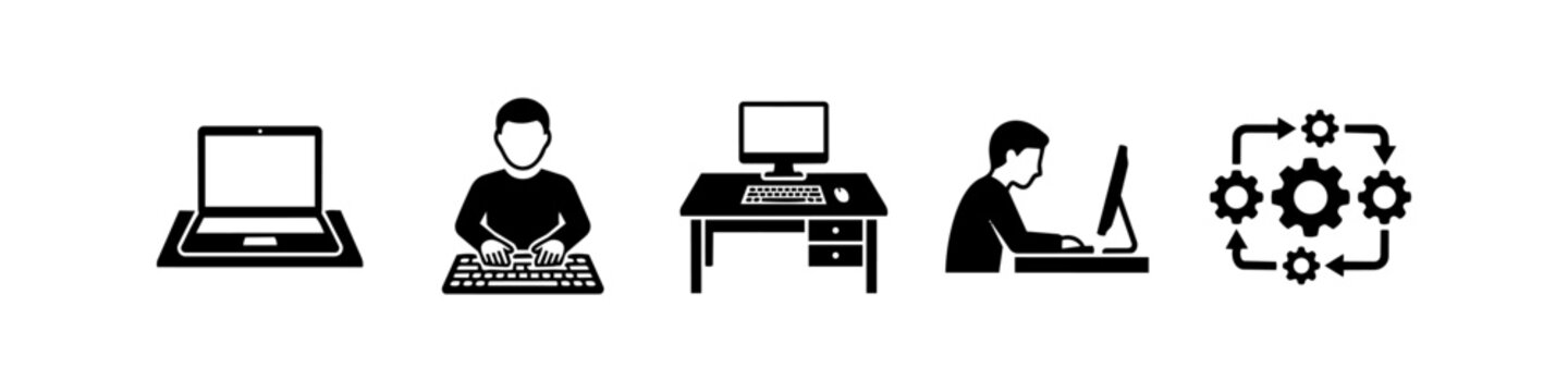 Set of minimalist black icons representing computer work, software development, office productivity, and automated business workflows. Perfect for technical diagrams and UI design.