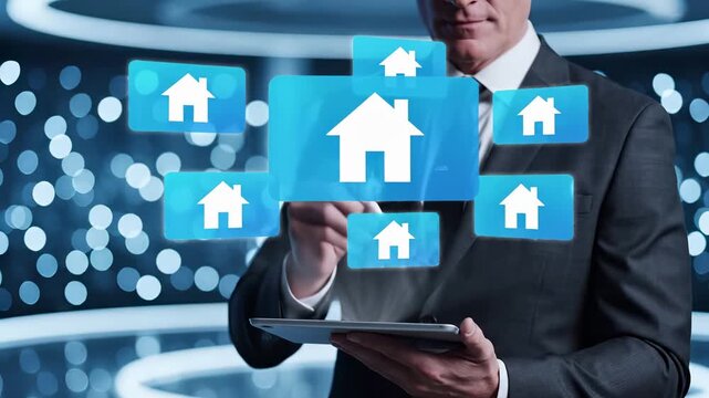 Real estate agent in suit with tablet touching virtual interface of house options. Property investment, mortgage, buy and sell market online. Smart digital home search platform for clients.