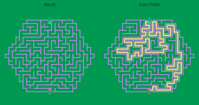 Hexagon shaped puzzle game with lavender lines and yellow solution path on vivid green background