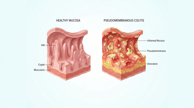 Pseudomembranous Colitis Pathology and Healthy Mucosa Intestinal Villi