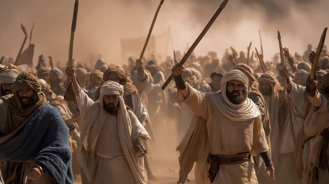 King Saul leading Israel to victory in battle as the enemy flees in disorder, a moment of unity, relief, and growing confidence in the biblical history of Israel (1 Samuel).