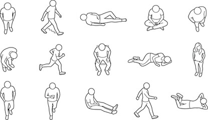 Set of isometric people in various poses, walking, running, sitting, and lying down, outline vector illustration © SampaRani
