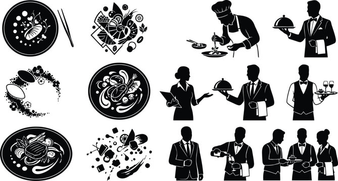 Restaurant staff serving elegant dishes illustration