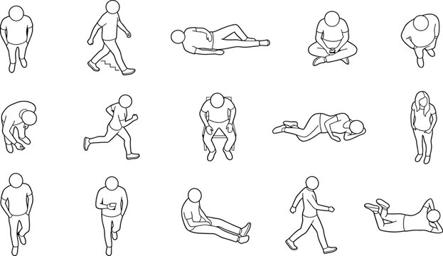 Set of isometric people in various poses, walking, running, sitting, and lying down, outline vector illustration