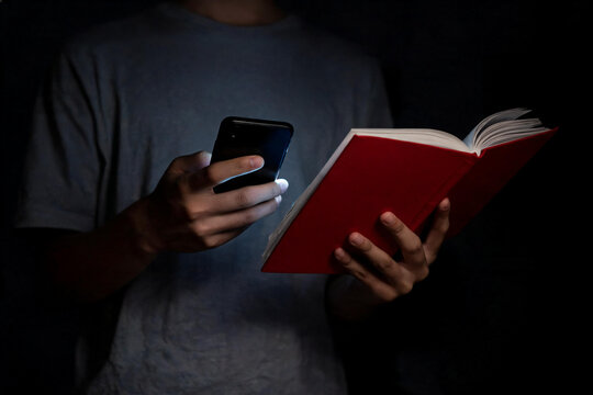 Plano medio en penumbra que muestra las manos de una persona sosteniendo un libro abierto de portada roja, iluminando sus p&aacute;ginas &uacute;nicamente con el brillo de la pantalla de un tel&eacute;fono.