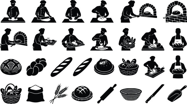 Bakery process and bread making icons collection