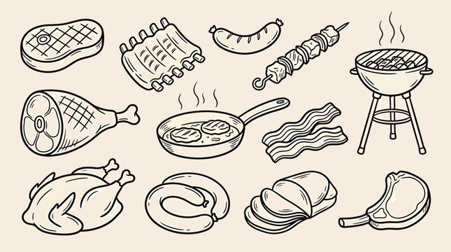 Hand drawn set of various meat products and barbecue elements