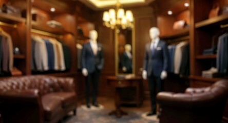 Obraz premium Luxury menswear tailoring boutique with elegant suits on display for retail advertising.
