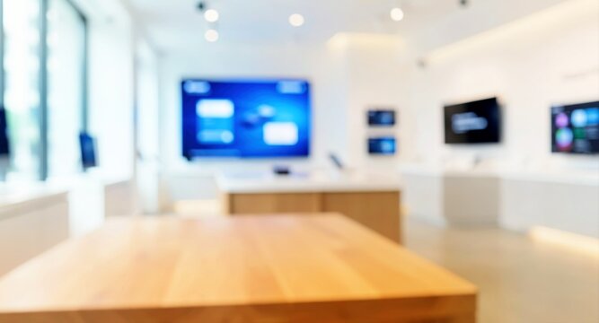 Modern minimalist electronic store showroom with empty wooden table in the foreground.

