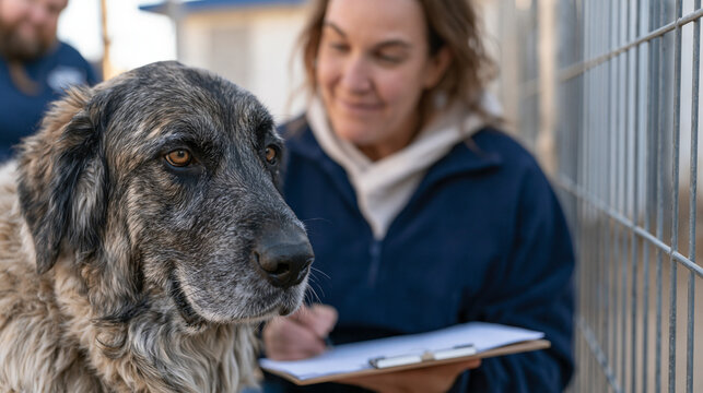 Animal shelter behaviorist conducting a temperament assessment on a large mixed-breed dog in an outdoor run, clipboard in hand, rescue staff member observing from the fence, authentic animal welfare