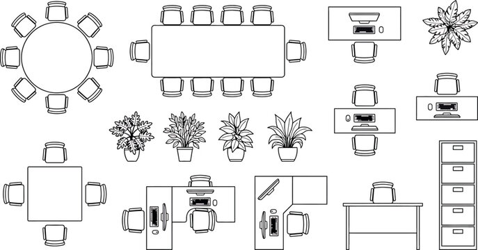 Top view of office furniture set including desks, chairs, tables, plants and filing cabinet isolated on white background