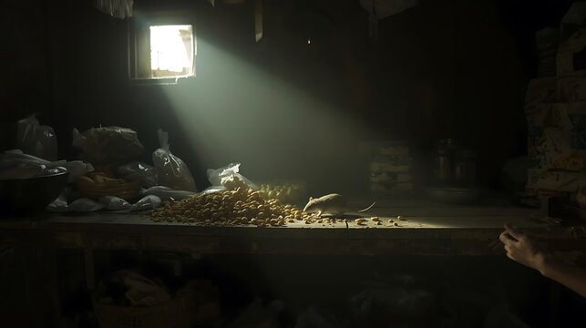 Rat eating food on wooden table in dark room illuminated by single light beam window