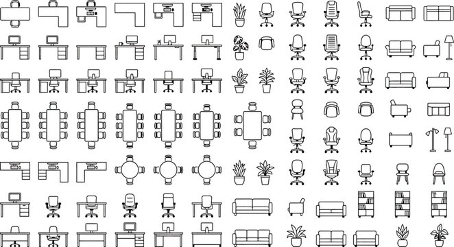 Set of office furniture icons, top view, vector illustration