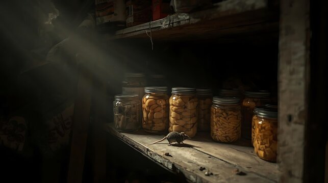 A tiny mouse exploring a dusty wooden shelf filled with glass jars of preserved food in a pantry.