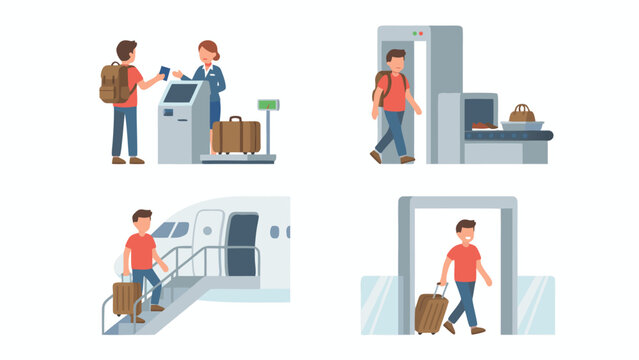 Collection of four minimal flat vector scenes telling a travel day story from airport check-in to flight boarding featuring passengers with luggage, terminal interior, and relaxing vacation vibes.
