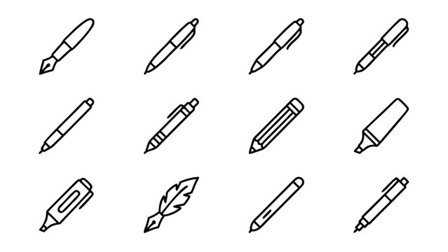 Professional set of twelve minimalist line icons of writing tools and pens in a uniform stroke width organized in a grid layout isolated on a white background for diverse graphic design projects.