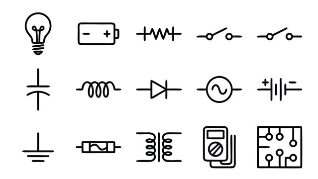 Comprehensive set of fifteen electricity and circuit line icons in a minimalist vector style featuring power symbols, electronic components, and energy industrial elements isolated on white.