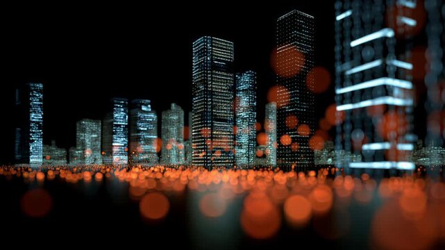 A low poly 3d illustration shows a smart city design. The city features glowing elements of binary code on buildings. The animation highlights the advanced technology and structure.