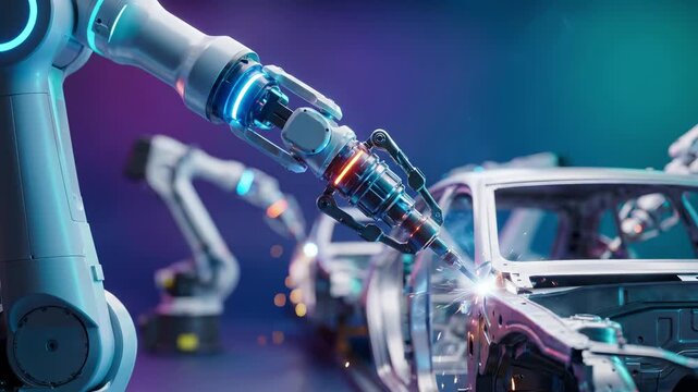 Robotic arm welding car body frame on automated assembly line in modern factory. Industrial automation and smart manufacturing technology for automotive production. Advanced robotics engineering.