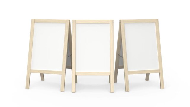 Three blank wooden restaurant or cafe menu display boards on white background