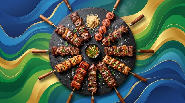 Top-down view of juicy Brazilian churrasco skewers on black slate plate over abstract graphic wave background