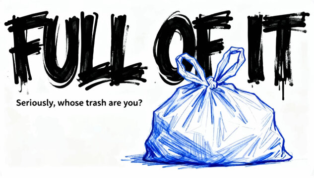 Vector illustration in the style of a blue pen drawing of a plastic bag with the inscription FULL OF IT in black strokes and the subtext Seriously, whose trash are you