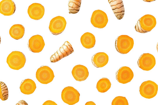 Fresh turmeric root slices and pieces isolated on transparent background