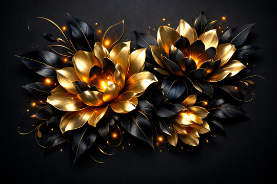 Gilded golden flowers and black foliage with sparkling accents metallic contrast botanical decoration ornament abstract luxurious decorative