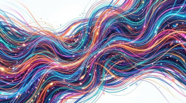 Abstract visualization within a dense pattern of colorful abstract waves with multiple overlapping layers against a clean white