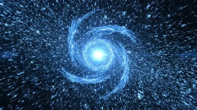 Abstract glowing blue light at the center of a swirling energy vortex with lightning-like gaseous tendrils and particle trails against a dark cosmic space background.