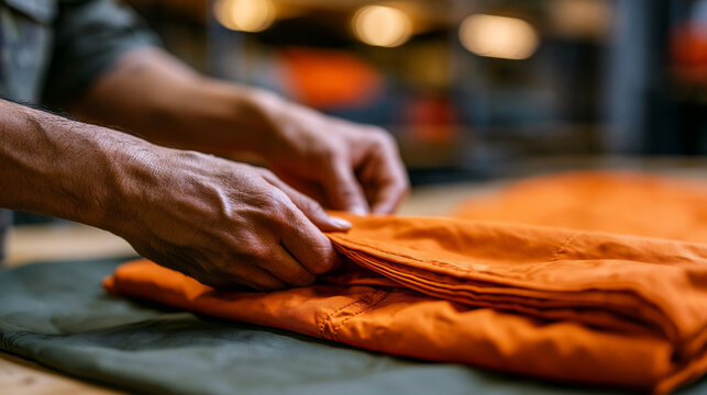 Faceless hands preparing parachute for military operation, skillfully folding orange fabric on green canvas, airborne preparation, equipment check, tactical readiness, deployment