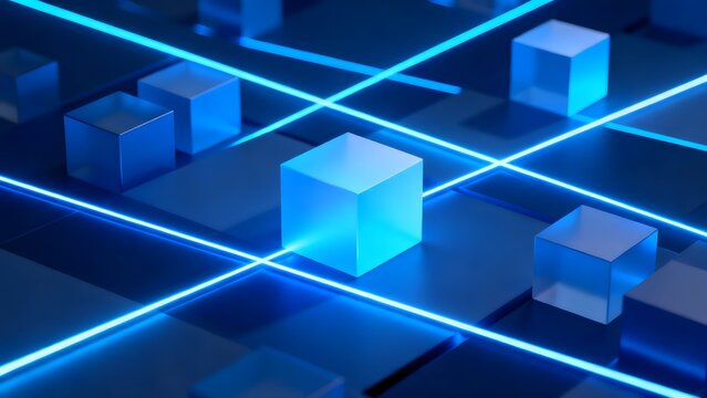 Blue glowing cubes and lines on grid
