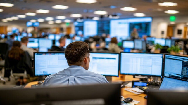Wide establishing view of national cyber defense command center during simulated attack exercise, red and blue team operators across massive floor, incident response drill,