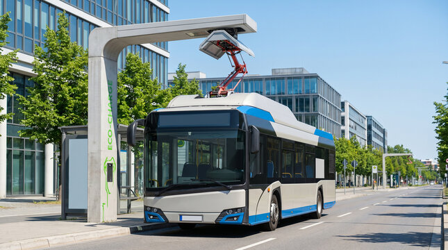 Modern electric city bus at a route's final stop charging its battery via an overhead high-voltage pantograph connector. Eco-friendly urban public transport concept.