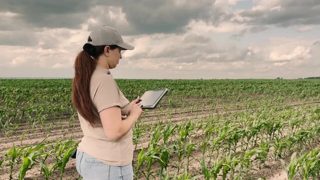 agriculture, farmer working corn field digital tablet, Woman using tablet in corn field, Farmer with digital device in agriculture, Young woman checking crops on tablet, Female agronomist analyzing