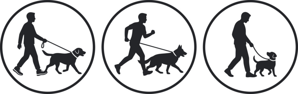 Man Walking and Jogging with Dog Leash Silhouette Icon Set &ndash; Premium Circular Signage Graphics