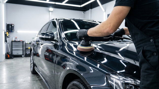 Professional auto detailer using an electric buffer to polish a dark car's paint. Worker refining vehicle exterior for a glossy showroom finish in a detailing studio.