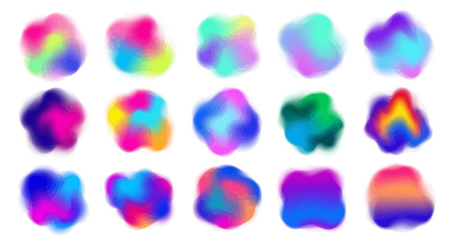 Vibrant gradient blur blobs set, 15 colorful holographic liquid shapes, abstract neon aura spots for modern web design and branding