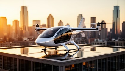 Fototapeta premium An eVTOL air taxi sits atop a building, showcasing modern technology in urban transport. The air taxi reflects the skyline, symbolizing future air travel solutions in busy cities.