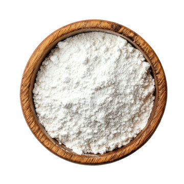 Baking powder or flour in wooden bowl isolated on transparent background, top view