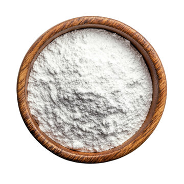Cornstarch or powdered sugar in wooden bowl isolated on transparent background, top view