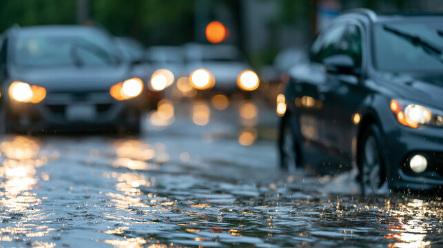 Flooded street with cars highlighting urgency in disaster relief and preparedness, water emergency, urban flooding, crisis situation, vehicle submersion, natural catastrophe,