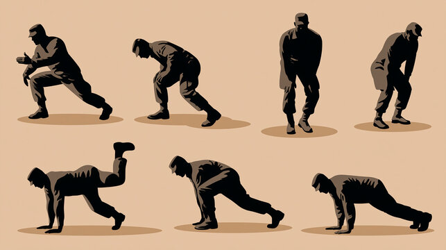 Military fitness training soldier exercises silhouette set, physical conditioning graphics, workout poses, athletic training icons, military fitness illustrations, exercise