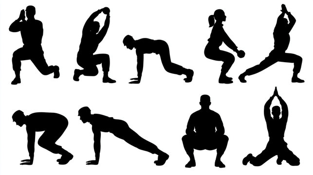 Military fitness training soldier exercises silhouette set, physical conditioning graphics, workout poses, athletic training icons, military fitness illustrations, exercise