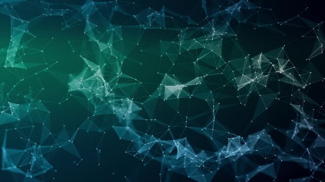 Abstract digital network with connected particles and geometric mesh structure on blue background, technology data visualization in 4k