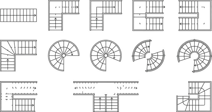 Set of various staircase types and architectural stair designs top view isolated on white background