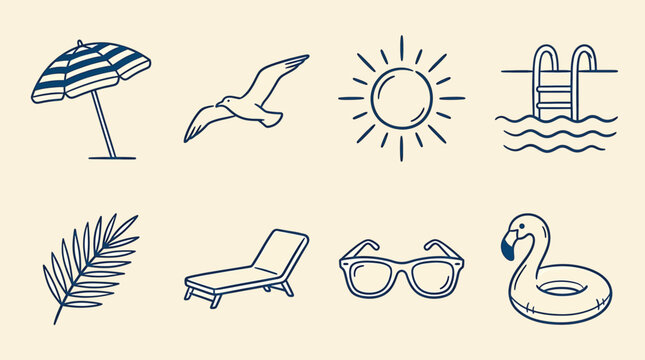 Set of summer vacation icons including beach umbrella, seagull, sun, pool ladder, palm leaf, lounge chair, sunglasses and flamingo float